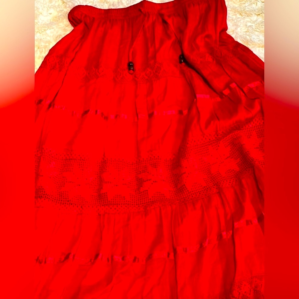 Sol Clothing Lined Maxi Skirt in Cherry Red Elastic Waist in L